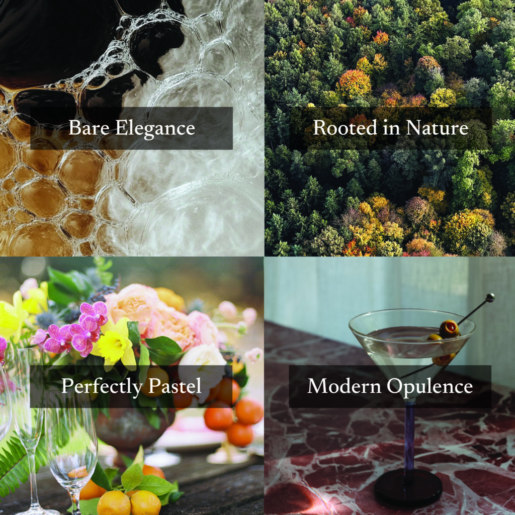 Four color trend mood boards titled bare elegance, rooted in nature, perfectly pastel, and modern opulence shown through textures like foam, forests, floral tablescapes, and editorial cocktail scenes.