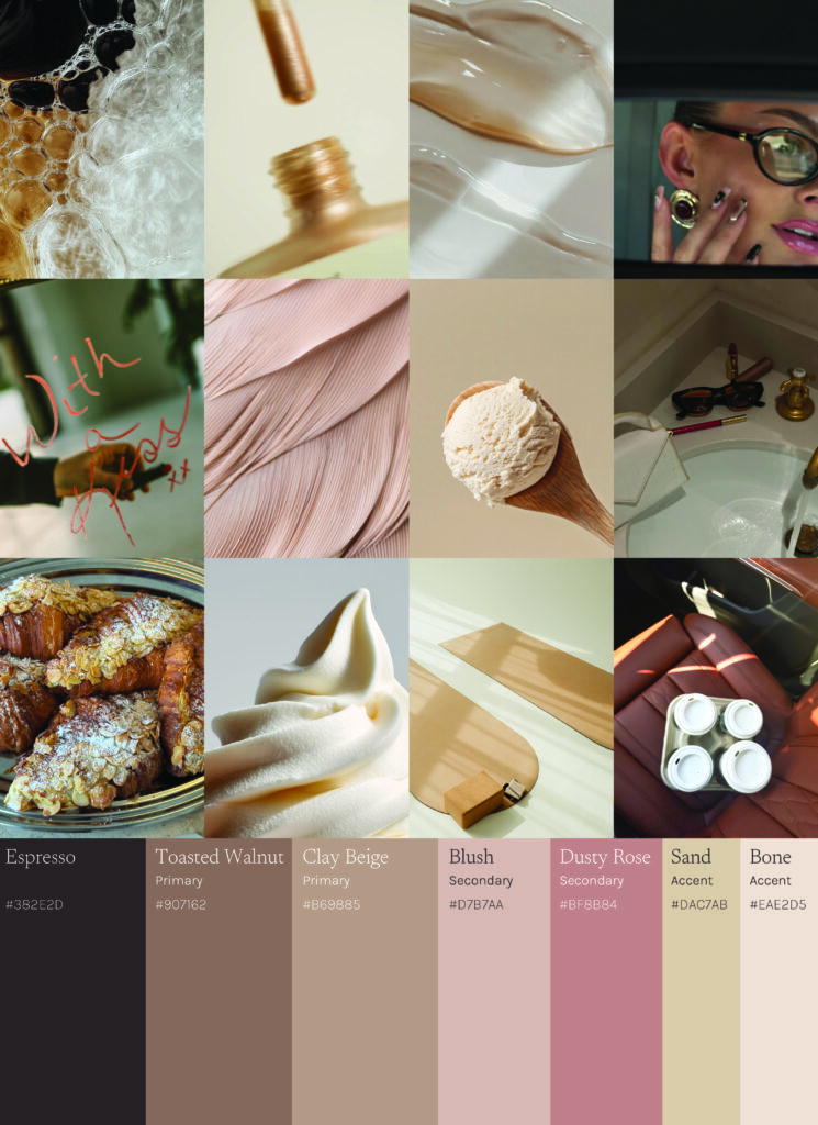“Lifestyle mood board featuring textures and scenes that represent a warm neutral palette including espresso, toasted walnut, clay beige, blush, dusty rose, sand, and bone tones.