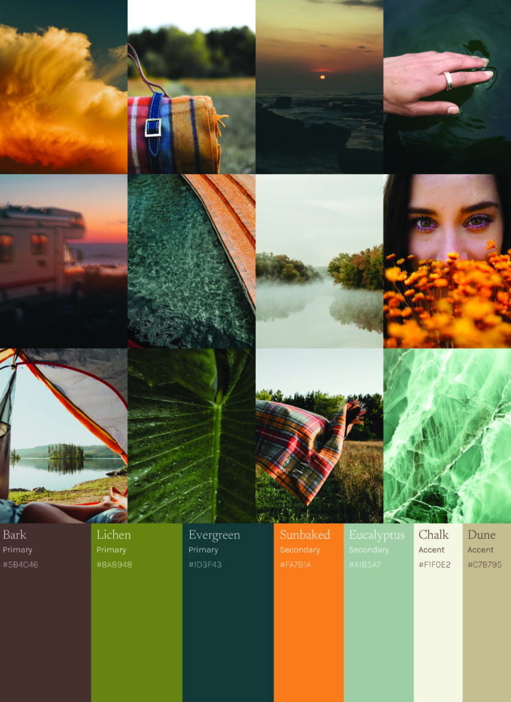 Nature-inspired color palette featuring bark, lichen, evergreen, sunbaked, eucalyptus, chalk, and dune tones paired with outdoor scenes like forests, water, fields, and textured natural landscapes.
