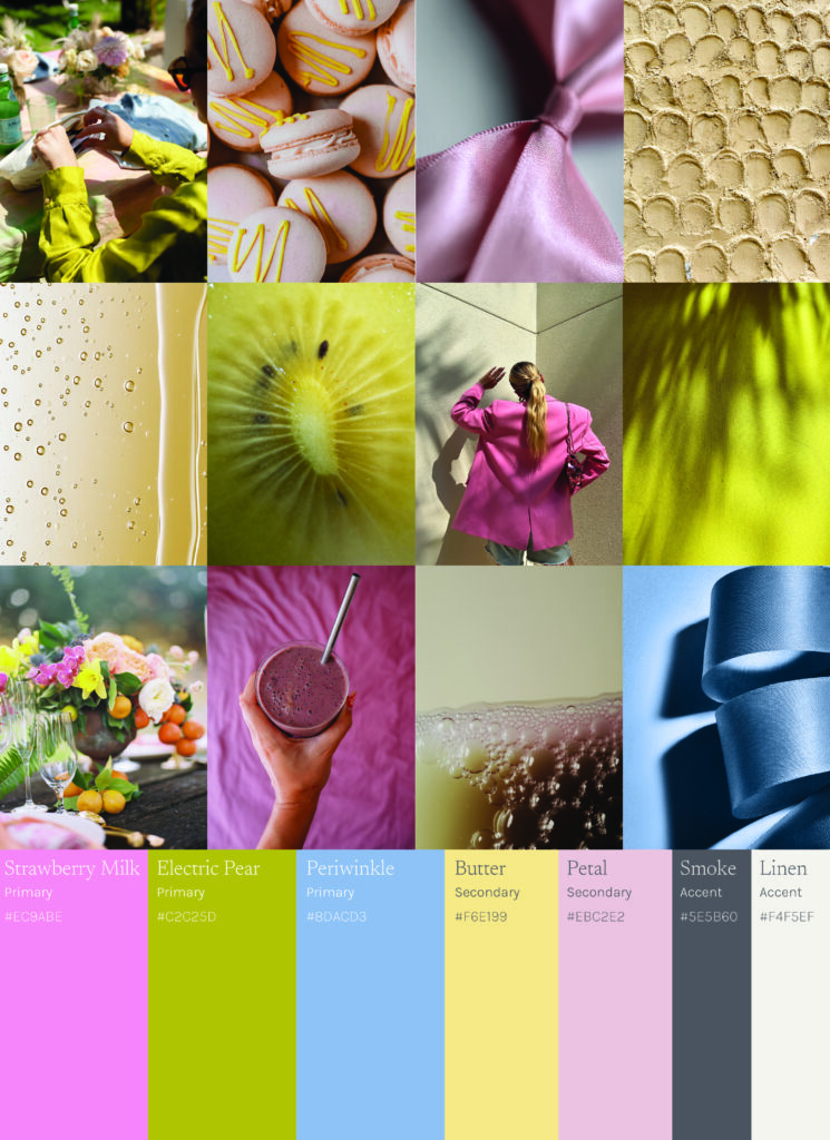 Colorful lifestyle mood board featuring strawberry milk, electric pear, periwinkle, butter, petal, smoke, and linen tones shown through desserts, textiles, drinks, and vibrant everyday scenes