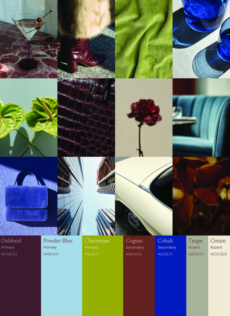 Editorial mood board featuring oxblood, powder blue, chartreuse, cognac, cobalt, taupe, and cream tones shown through fashion textures, glassware, interiors, architecture, and rich lifestyle details.