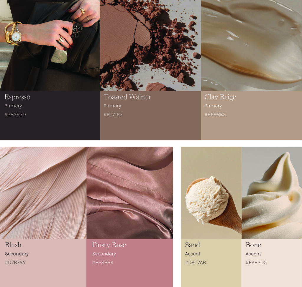 Warm neutral color palette with espresso, toasted walnut, clay beige, blush, dusty rose, sand, and bone shades shown with lifestyle and texture imagery.