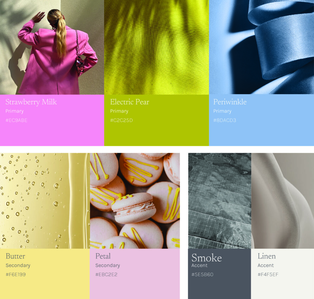 Playful pastel color palette featuring strawberry milk, electric pear, periwinkle, butter, petal, smoke, and linen tones shown with fashion, fabric textures, desserts, and soft lifestyle scenes.
