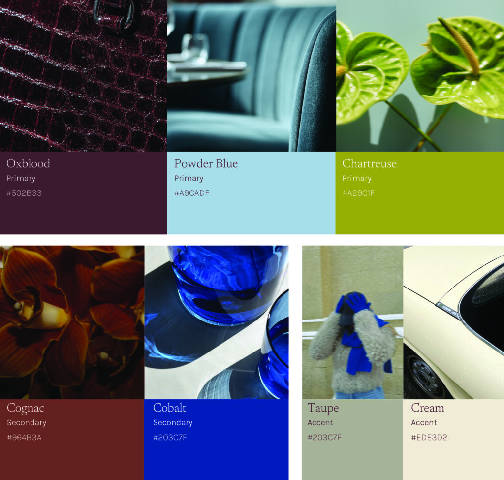 Bold color palette featuring oxblood, powder blue, chartreuse, cognac, cobalt, taupe, and cream tones paired with rich textures like leather, glass, florals, and modern interior details.