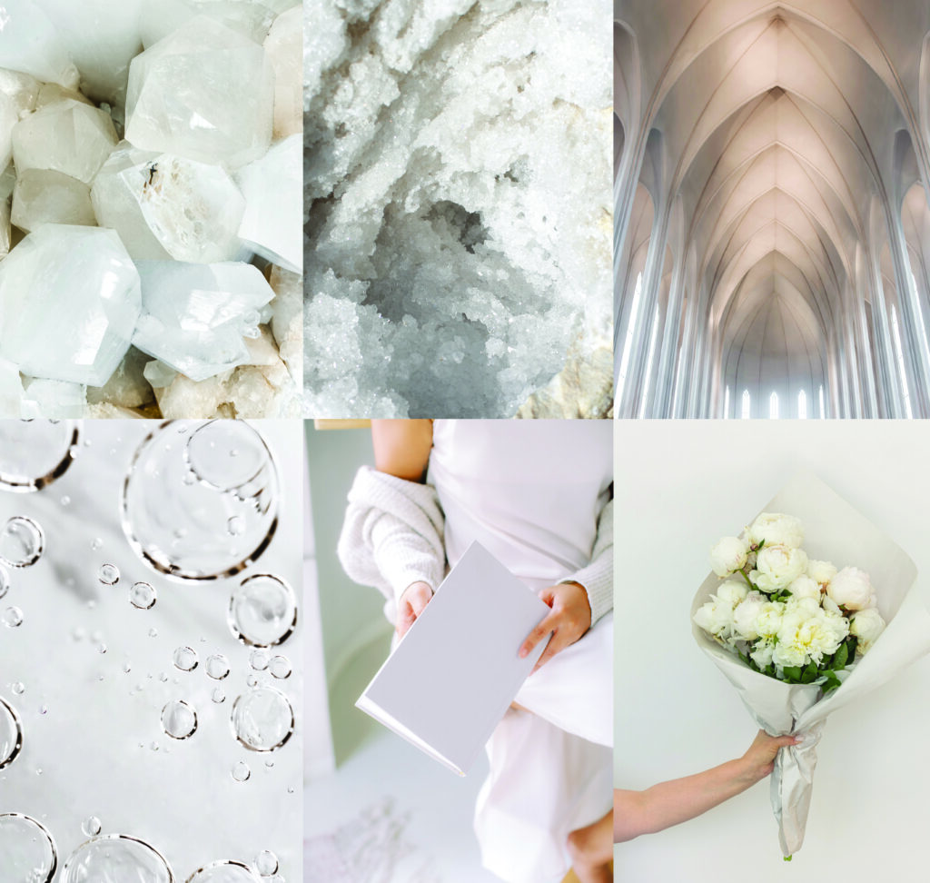 Soft neutral mood board featuring ivory and cream tones with crystal textures, marble bubbles, cathedral arches, a minimalist notebook scene, and white peony flowers, conveying an airy and refined aesthetic.