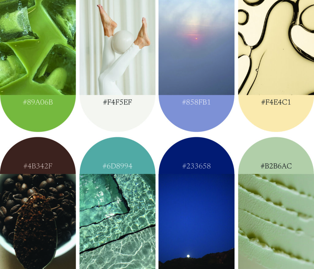 Color palette featuring olive green, soft cream, lavender blue, warm sand, espresso brown, teal blue, navy, and sage tones paired with lifestyle textures like iced matcha, water reflections, coffee beans, and soft cheese.