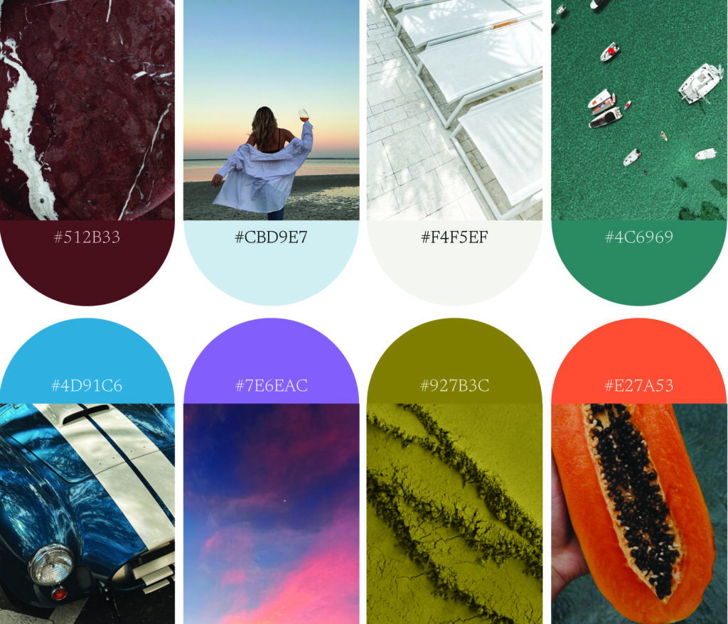 Vibrant lifestyle color palette featuring deep burgundy, sky blue, white, ocean teal, bright blue, lavender purple, mustard yellow, and papaya orange tones paired with marble textures, beach sunsets, boats on water, and tropical fruit.