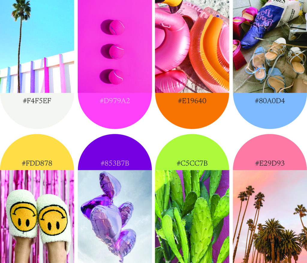 Vibrant lifestyle color palette featuring deep burgundy, sky blue, white, ocean teal, bright blue, lavender purple, mustard yellow, and papaya orange tones paired with marble textures, beach sunsets, boats on water, and tropical fruit.
